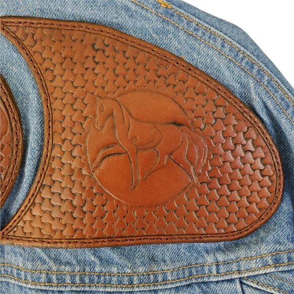 VTG SUNBELT Western Denim Duster Coat Women's M/L Tooled Leather Button Pockets - Picture 9 of 14